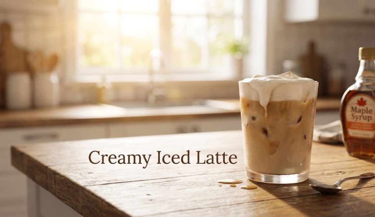 Creamy iced latte recipe served in a clear glass with cold foam and ice cubes on a rustic kitchen counter