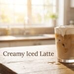 Creamy iced latte recipe served in a clear glass with cold foam and ice cubes on a rustic kitchen counter