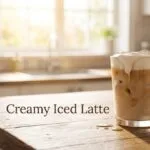 Creamy iced latte recipe served in a clear glass with cold foam and ice cubes on a rustic kitchen counter