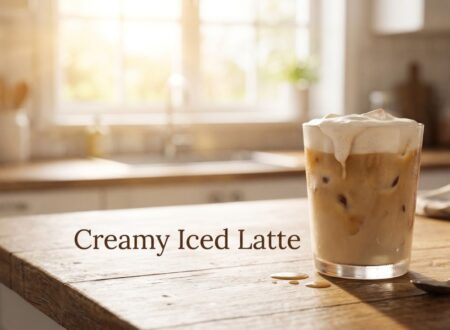 Creamy iced latte recipe served in a clear glass with cold foam and ice cubes on a rustic kitchen counter