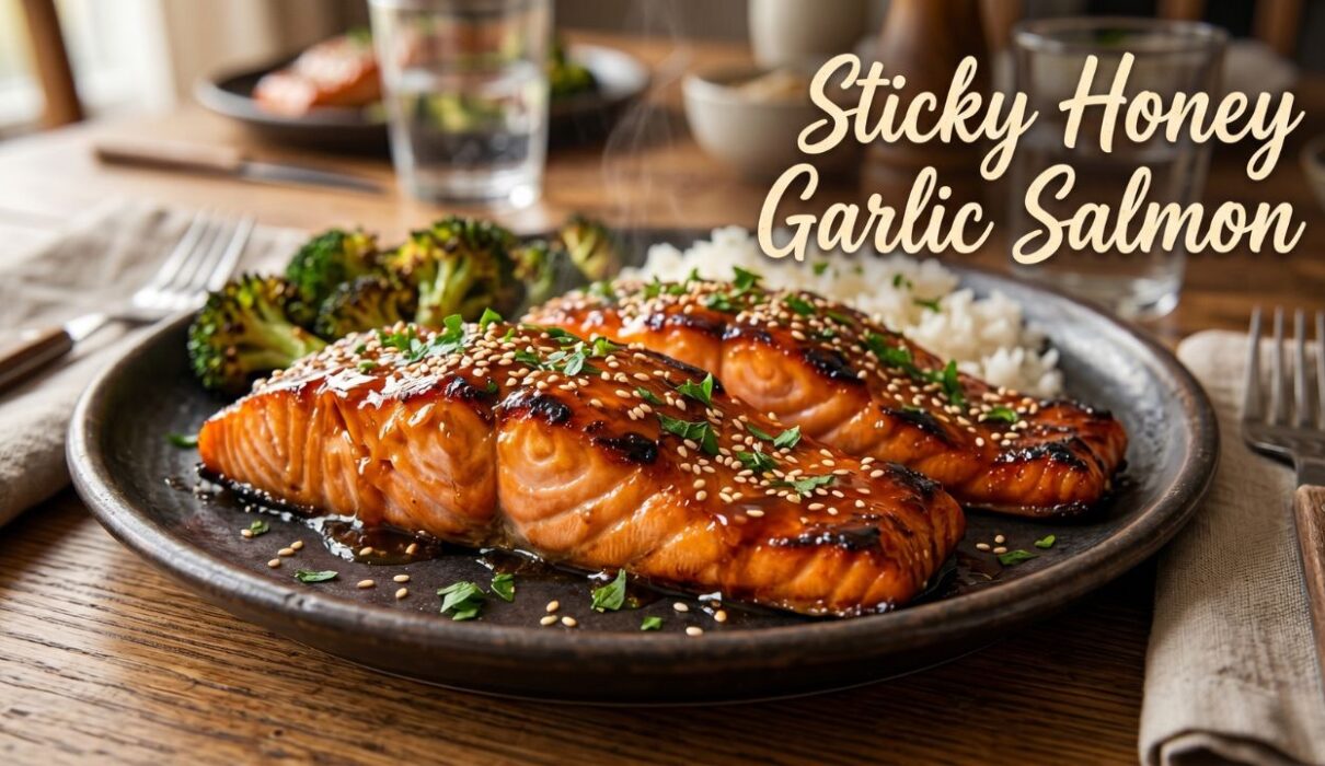 Easy honey garlic glazed salmon recipe with sticky garlic sauce served with rice and roasted broccoli for a healthy dinner