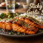 Easy honey garlic glazed salmon recipe with sticky garlic sauce served with rice and roasted broccoli for a healthy dinner