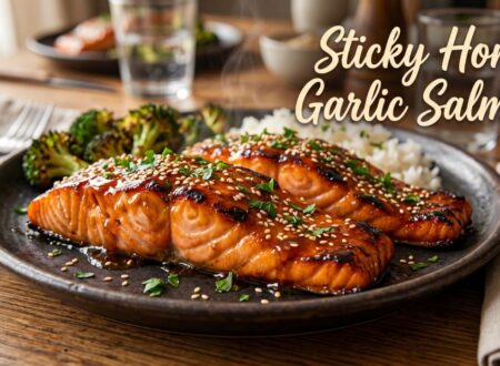 Easy honey garlic glazed salmon recipe with sticky garlic sauce served with rice and roasted broccoli for a healthy dinner
