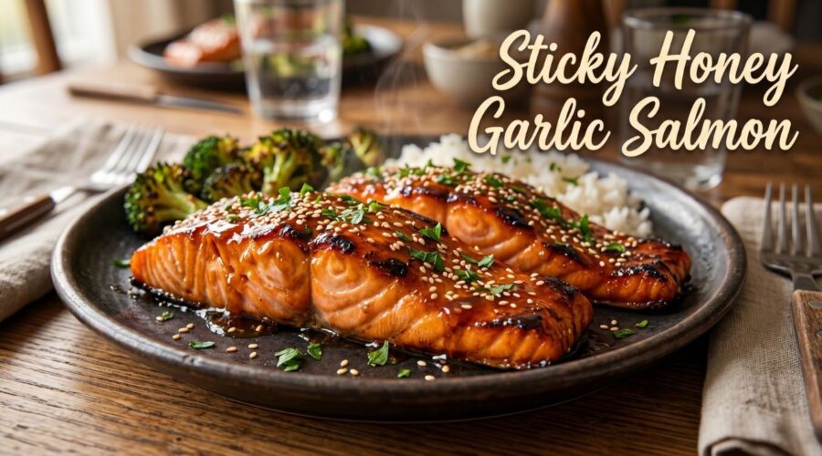 Easy honey garlic glazed salmon recipe with sticky garlic sauce served with rice and roasted broccoli for a healthy dinner