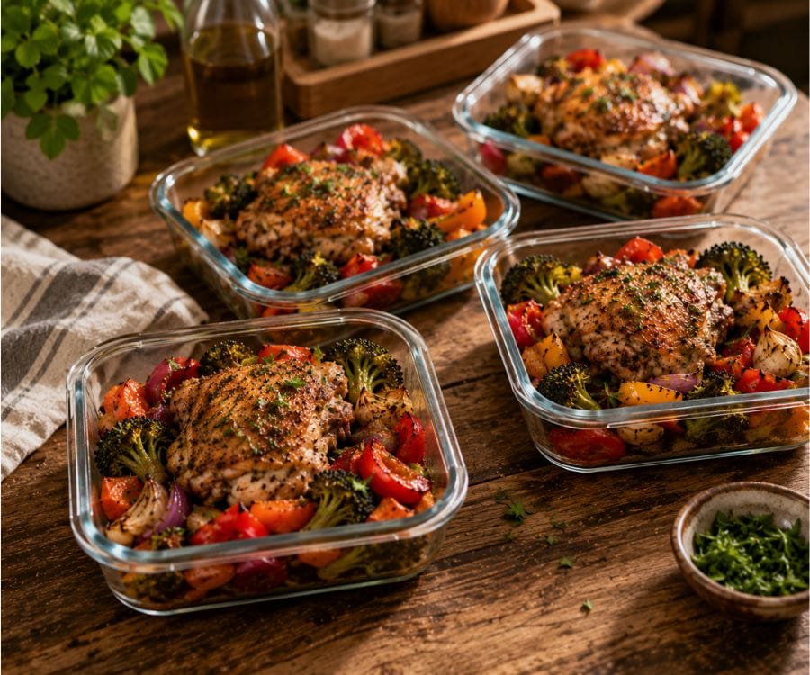 Easy One-Pan Garlic Chicken and Vegetables Recipe (Healthy Family Dinner in 30 Minutes) 4 garlic chicken meal prep containers.jpg