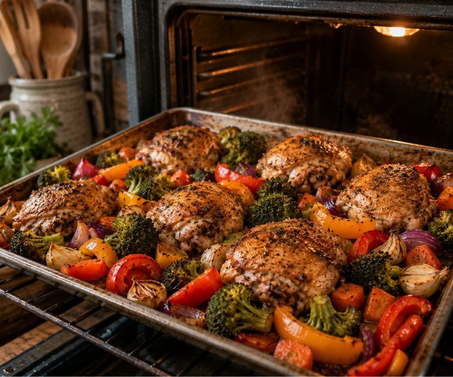 Easy One-Pan Garlic Chicken and Vegetables Recipe (Healthy Family Dinner in 30 Minutes) 3 one pan garlic chicken roasting.jpg