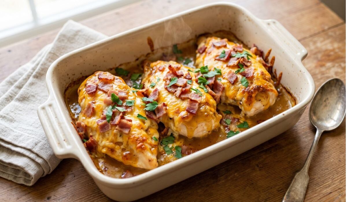 Honey mustard bacon chicken bake with melted cheddar cheese and crispy bacon fresh from the oven