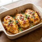 Honey mustard bacon chicken bake with melted cheddar cheese and crispy bacon fresh from the oven