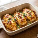 Honey mustard bacon chicken bake with melted cheddar cheese and crispy bacon fresh from the oven