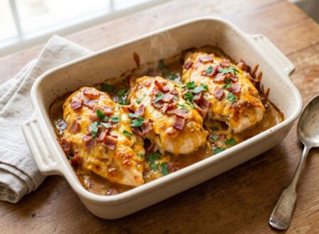 Honey mustard bacon chicken bake with melted cheddar cheese and crispy bacon fresh from the oven