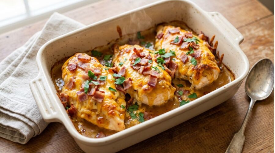 Honey mustard bacon chicken bake with melted cheddar cheese and crispy bacon fresh from the oven